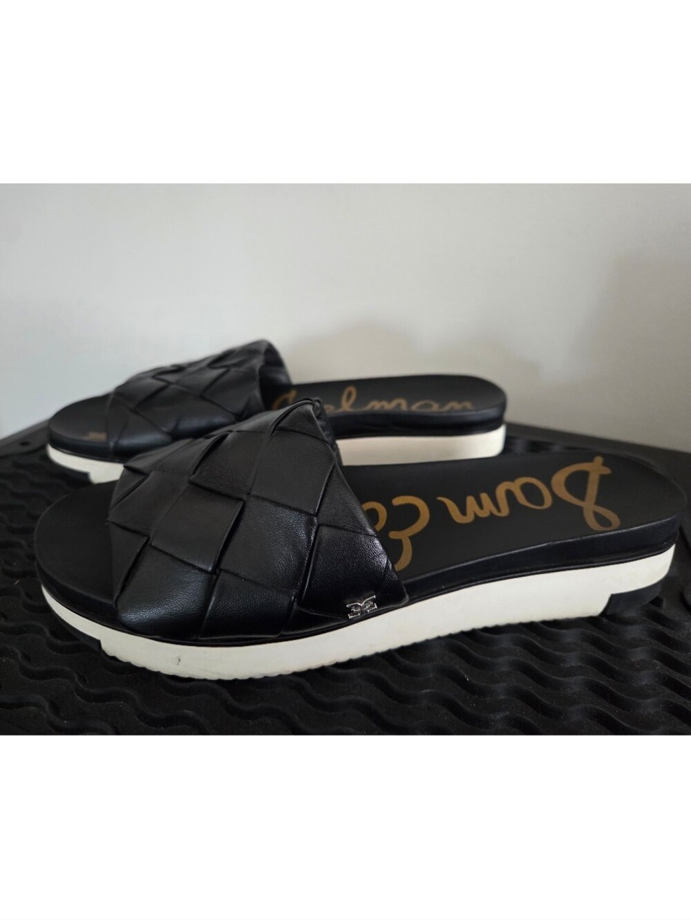 Sam Edelman Black Woven Platform Slide Sandals with White Sole